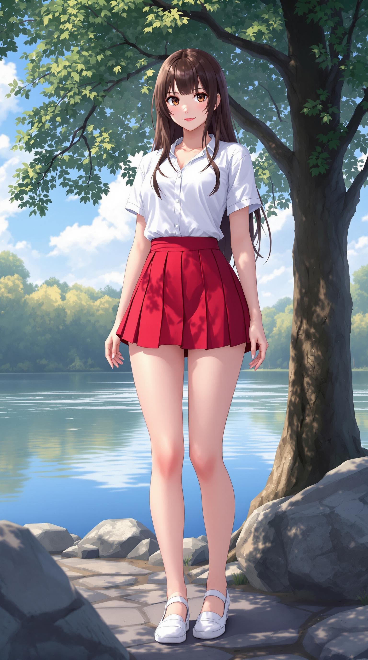AI generated: realistic anime style , a girl, perfect anatomy, wearing a white short sleeves shirt, red pleated mi...