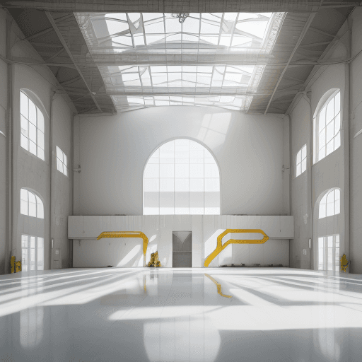 AI generated: High resolution photography interior design, Interior view of a white, huge and very high industrial...