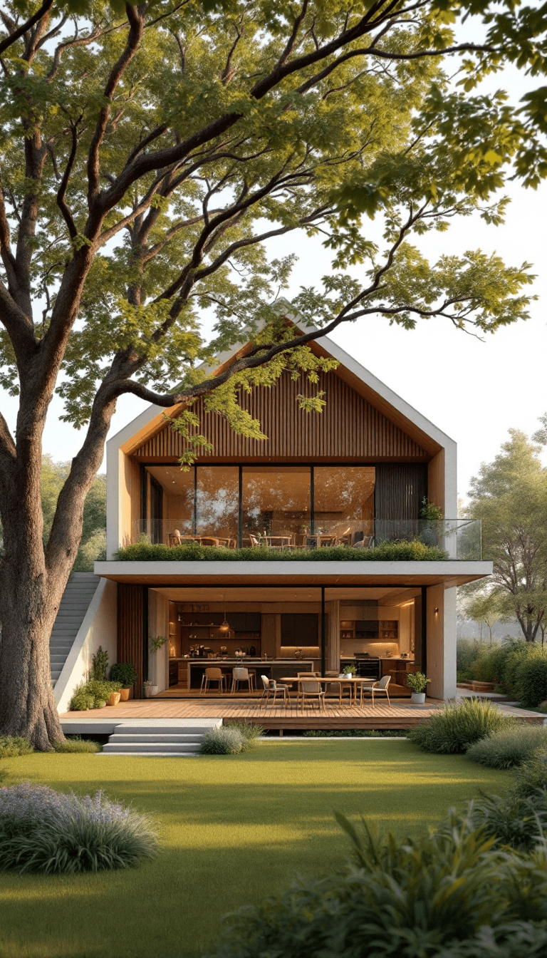 AI generated: A wide-angle shot of a two-story modern cottage house, with the second floor stretching across in wi...