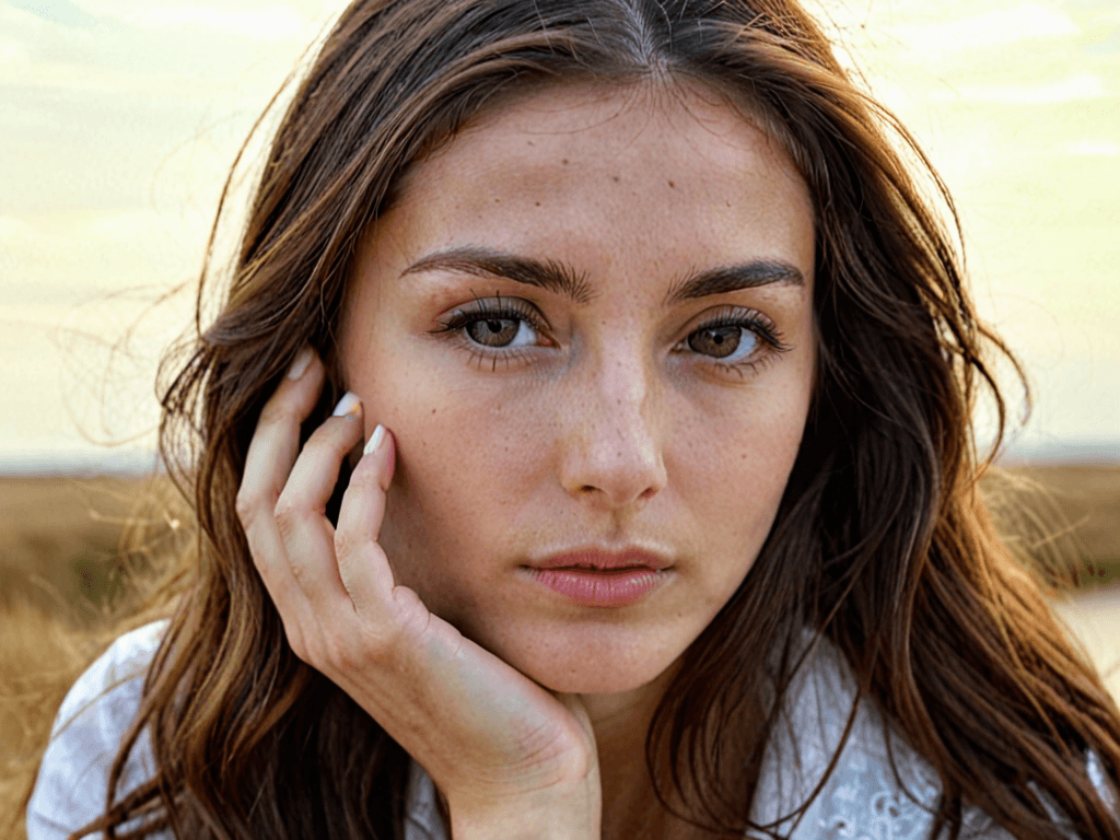 AI generated: Close-up, photograph of, a woman leaning her face on her hands, long brunette hair blowing in the wi...