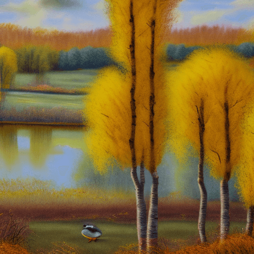AI generated: Pastel landscape with ducks and yellow autumn birches