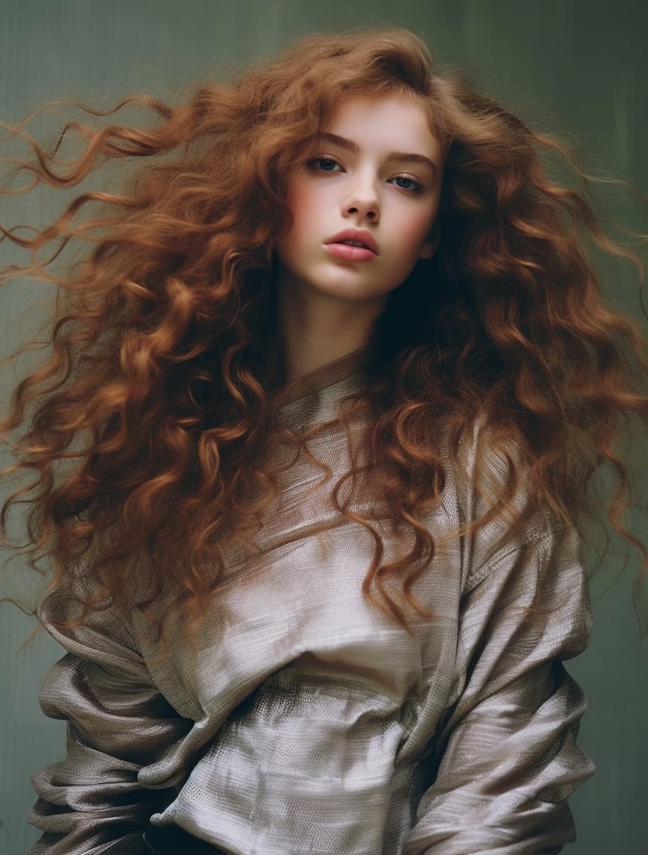 AI generated: photo of a woman , i-d magazine, hair floating covering chest, she is about 18 years old. crop top ,...