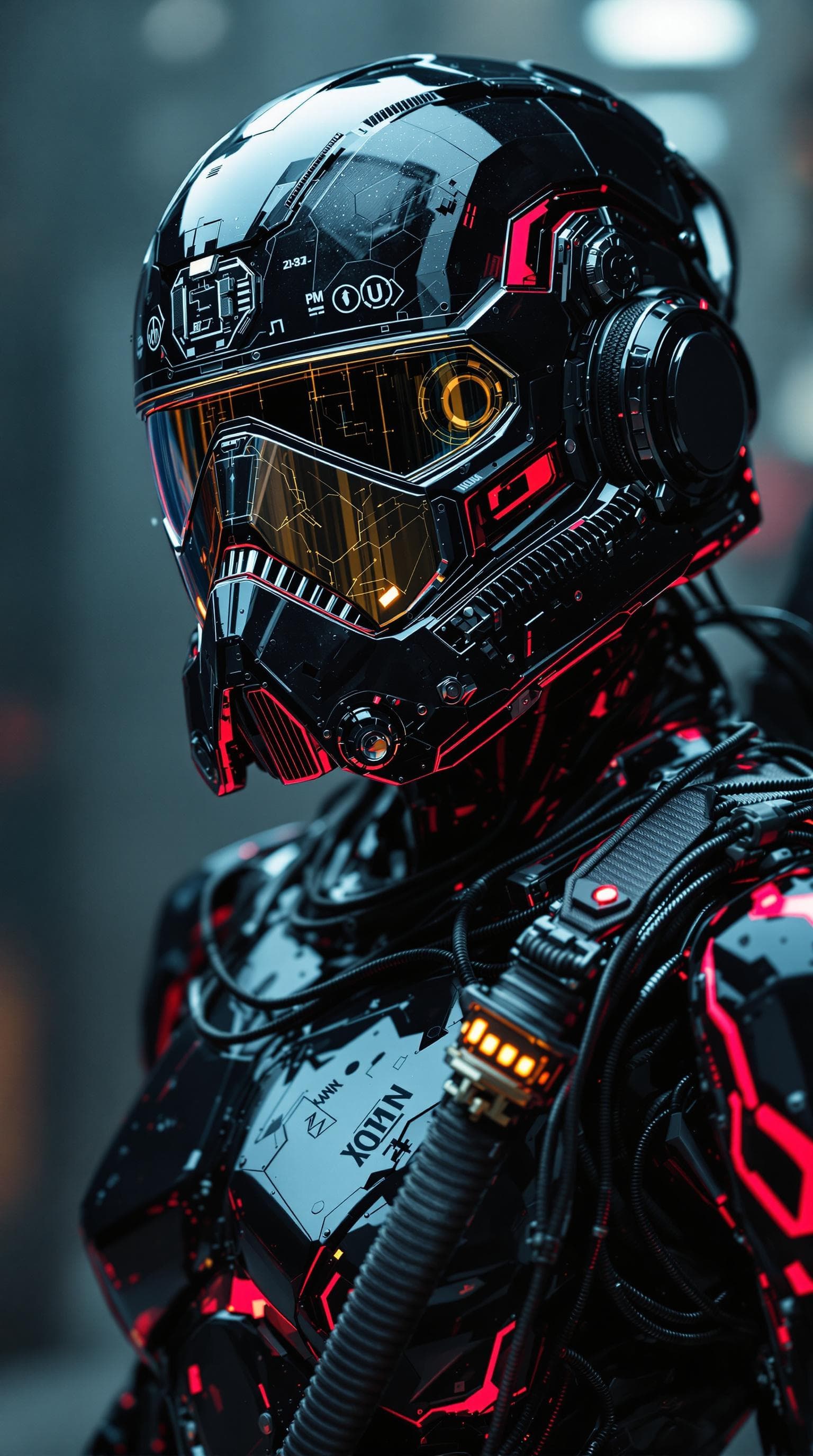 AI generated:  cyberpunk storm trooper  mirrored transparent face shield, hyper detailed helmet, , reflective blac...