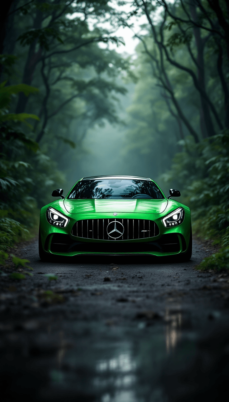 AI generated: High automotive symmetrical close-up portrait shoot of a green mercedes-amg GT standing in the jungl...