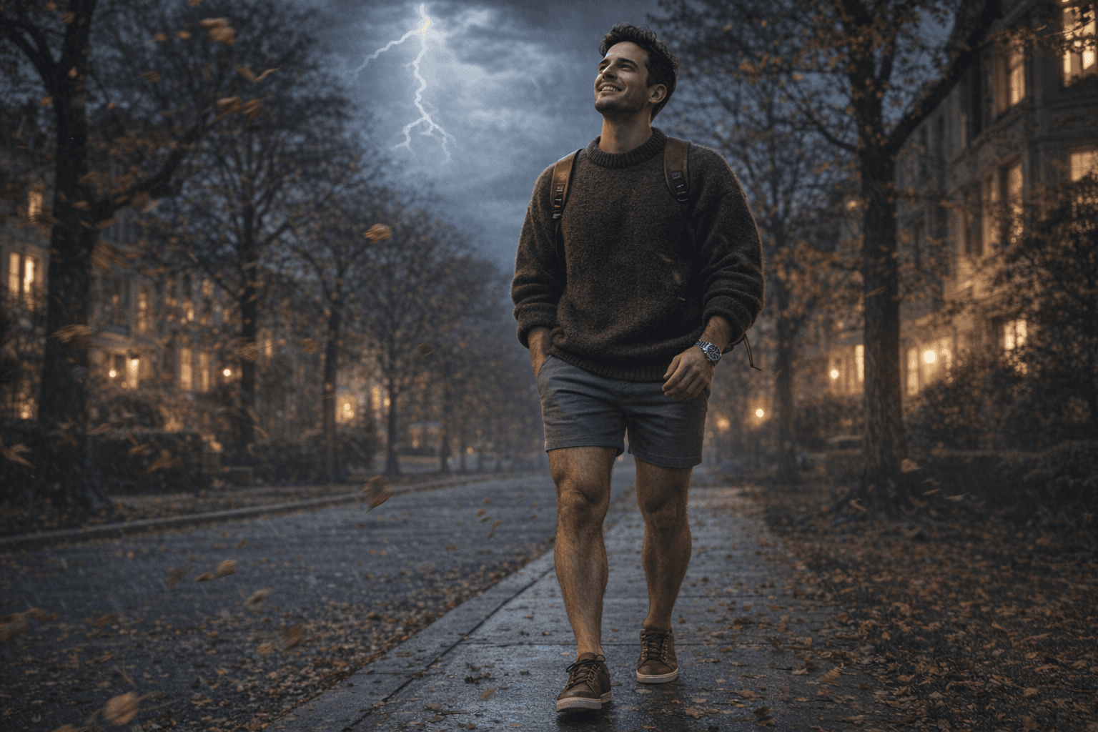 AI generated: In a cold night in the beginning of Autumn. 
The model is walking on the sidewalk in a very nice nei...