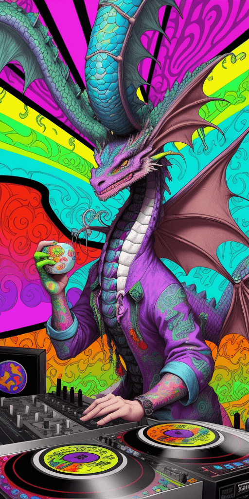 AI generated: A dragon, playing plates as a dj, funky psychedelic illustration, funky hair, colorful, funky rays, ...
