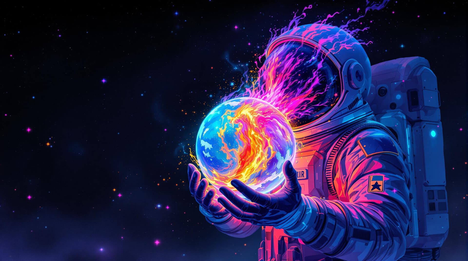 AI generated: 3D illustration of an astronaut holding the planet Earth with colored lava inside, in the style of P...