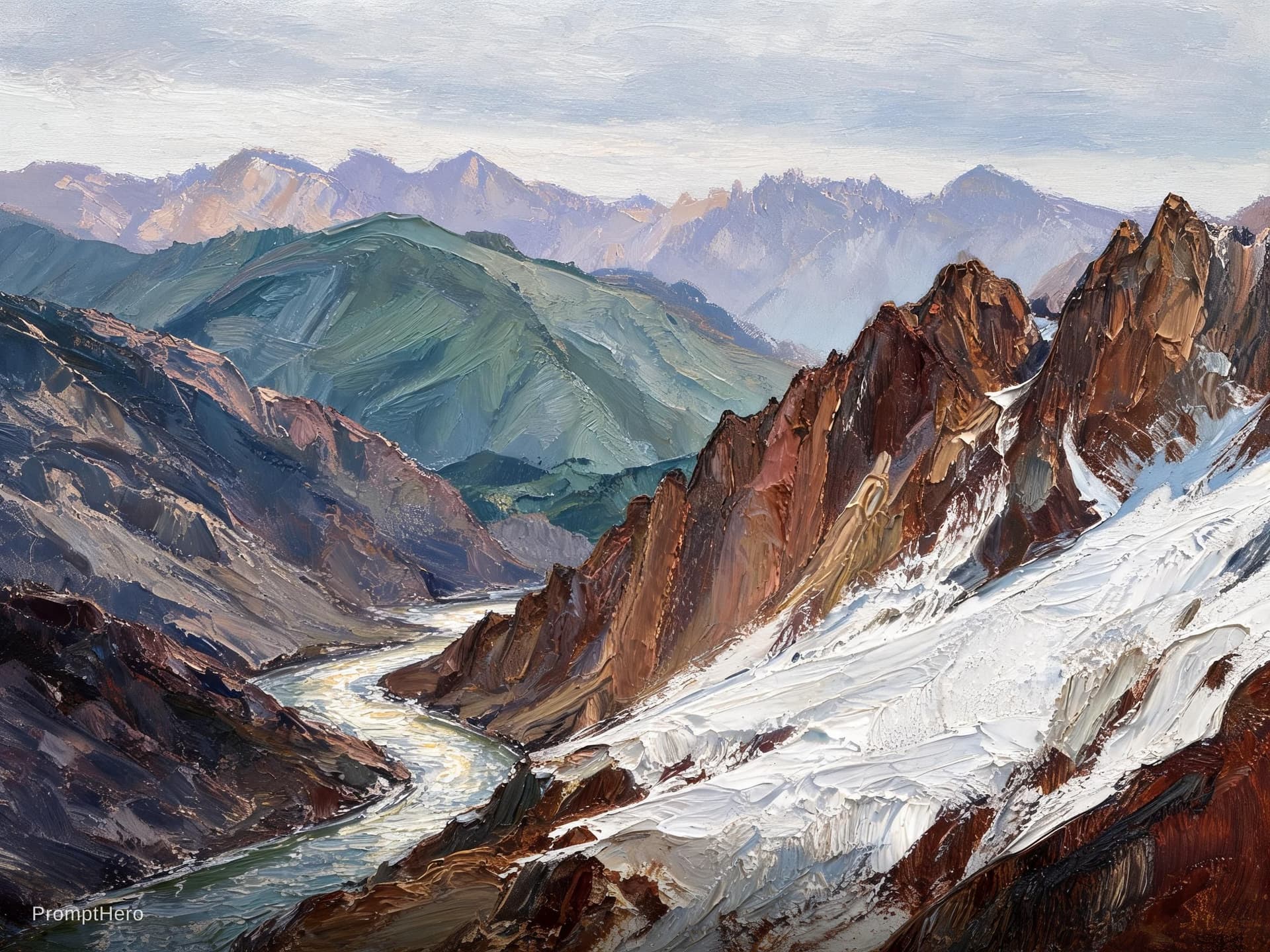 AI generated: A textured oil painting of a majestic mountain range, rendered with extreme depth and realism.

**Pr...