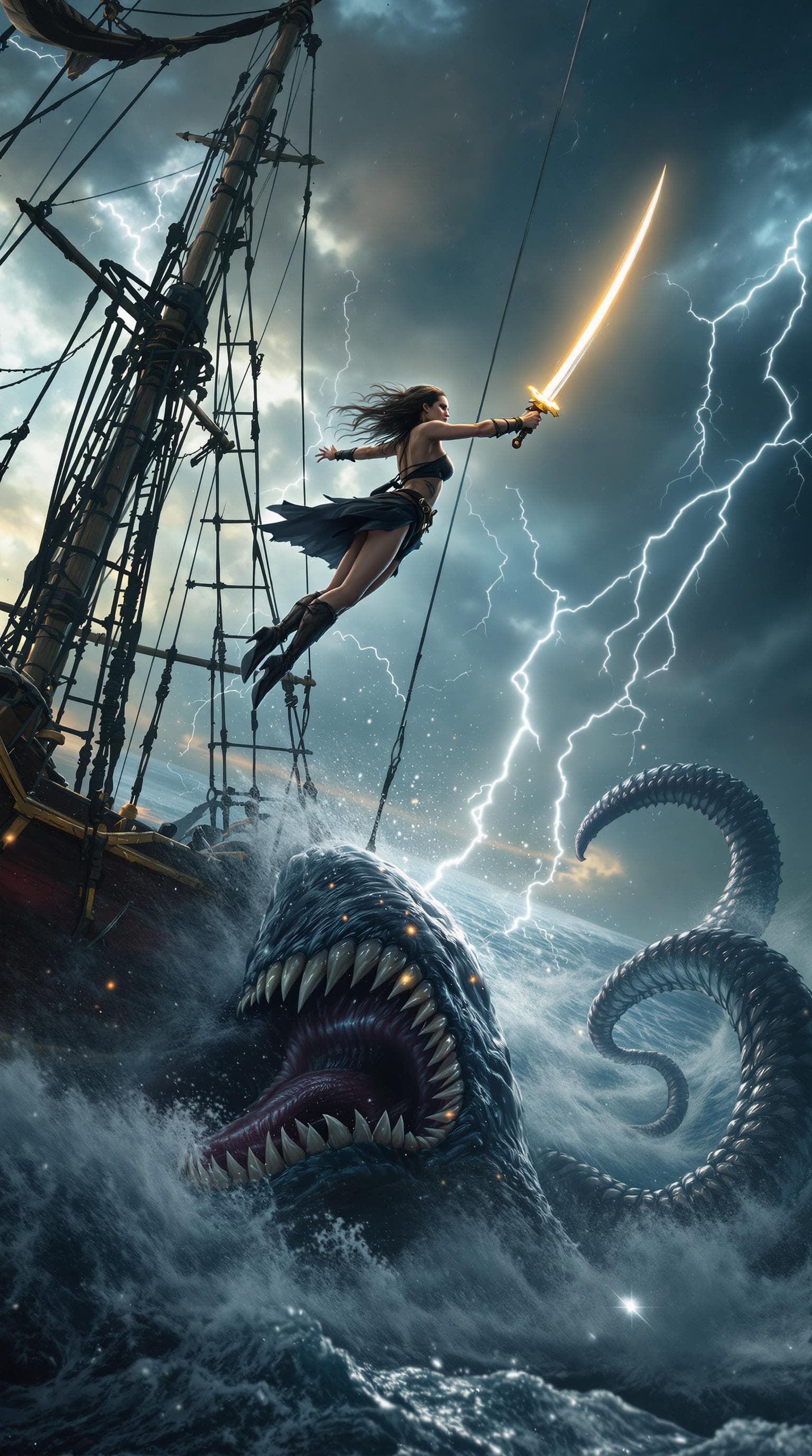 AI generated: Movie quality Side view Action scene: Amidst the tempestuous Caribbean sea, a beautiful but fierce a...