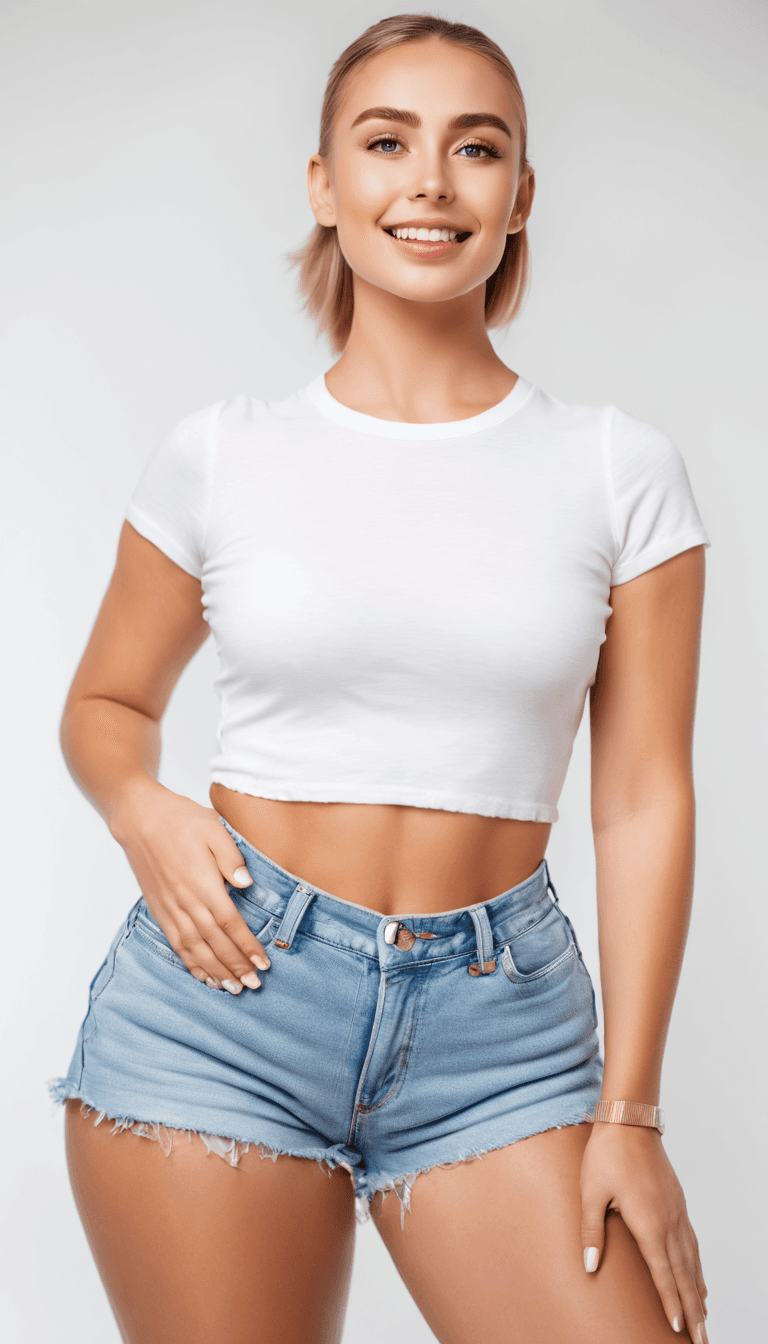 AI generated: The image features a Russian girl posing in a white tank top and denim shorts with a long curly hair...