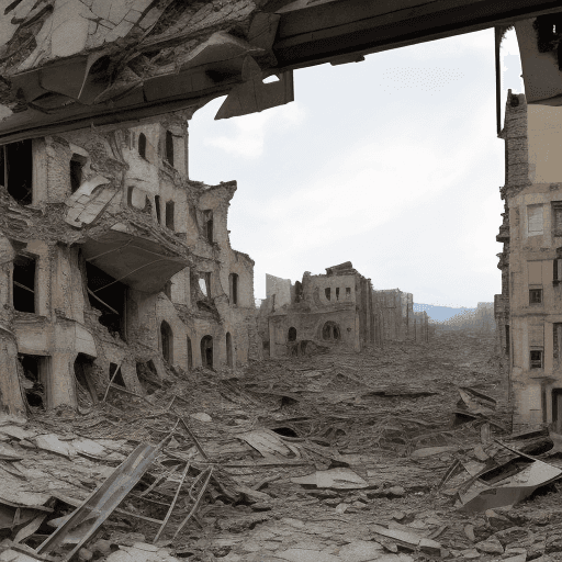 AI generated: "Explore the devastation of war through the portrayal of collapsed buildings in a realistic landscap...