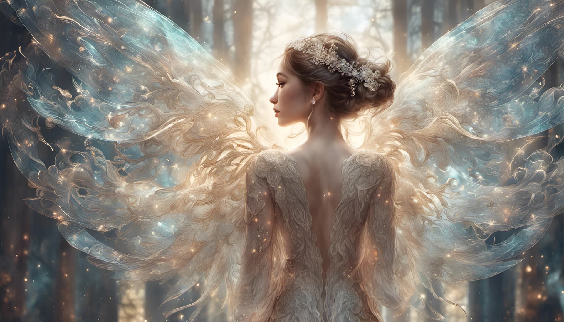AI generated: A angelic mythical creature with spreading arms with glowing intricate transparent wings, symetrical...