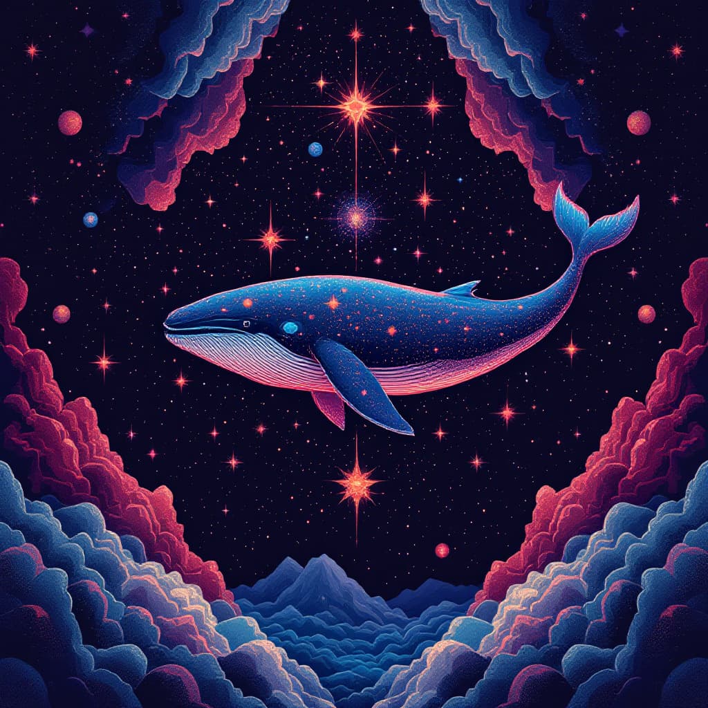 AI generated: Creative light art, rich burgundy and deep blue, psychedelic illustration. A celestial whale swims t...