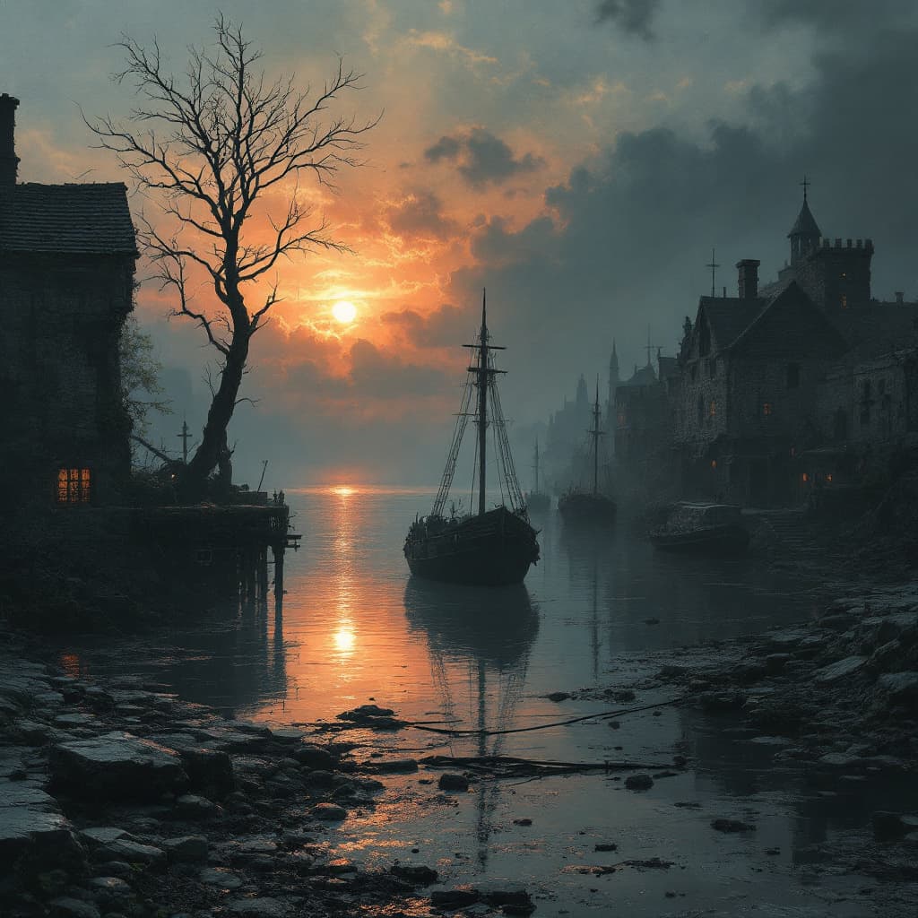 AI generated: old harbour with ghosts after the sunset picture looks like picture of dungeon synth album
