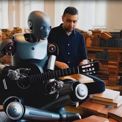 AI generated video: robot tocando la guitarra y el acompañante toca los bongos 
