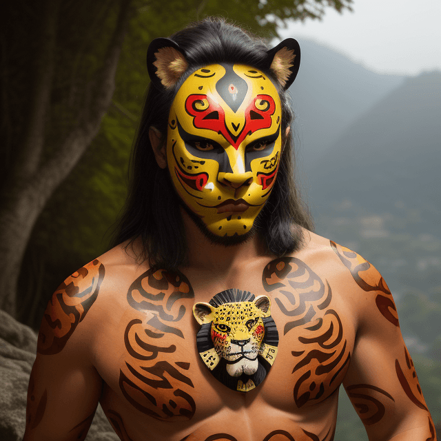 AI generated: man with jaguar warrior helmet mask with jaguar-style spots and abundant hair, wooden mask, fine woo...
