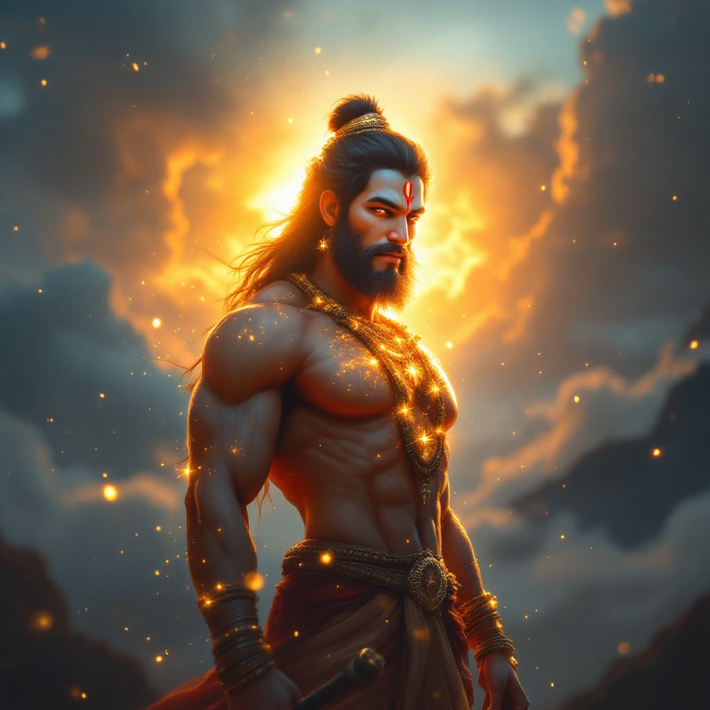AI generated: Here’s the modified prompt with **Hanuman Ji** added and the **woman replaced**:

"A photorealistic ...