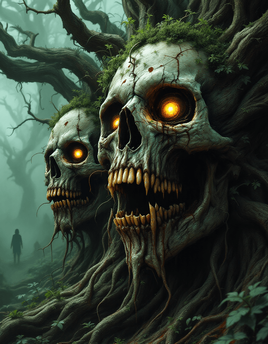 AI generated: A horrifying, dark fantasy scene of rotting skulls and decomposing faces grotesquely fused into the ...