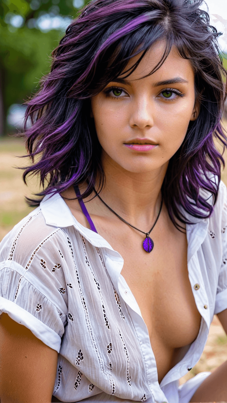 AI generated: Close-up, candid photograph of, a woman with messy black hair with purple highlights looking at the ...