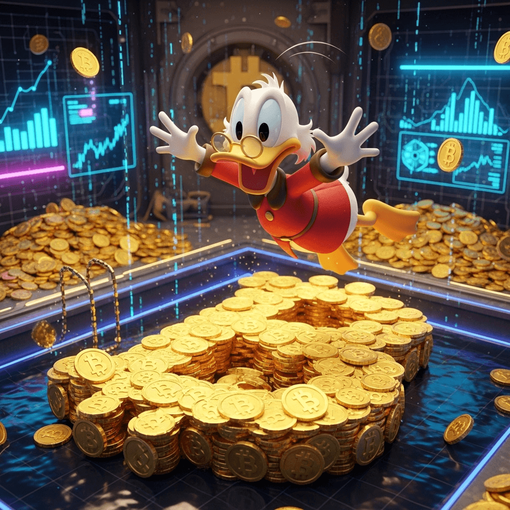 AI generated: Description:
A wealthy cartoon duck character — scrooge mcduck — is joyfully diving into a massive l...