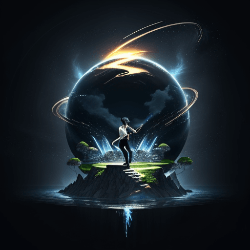 AI generated: A male with short black hair, black jeans and black elegant shirt, play the drums on floating isle f...