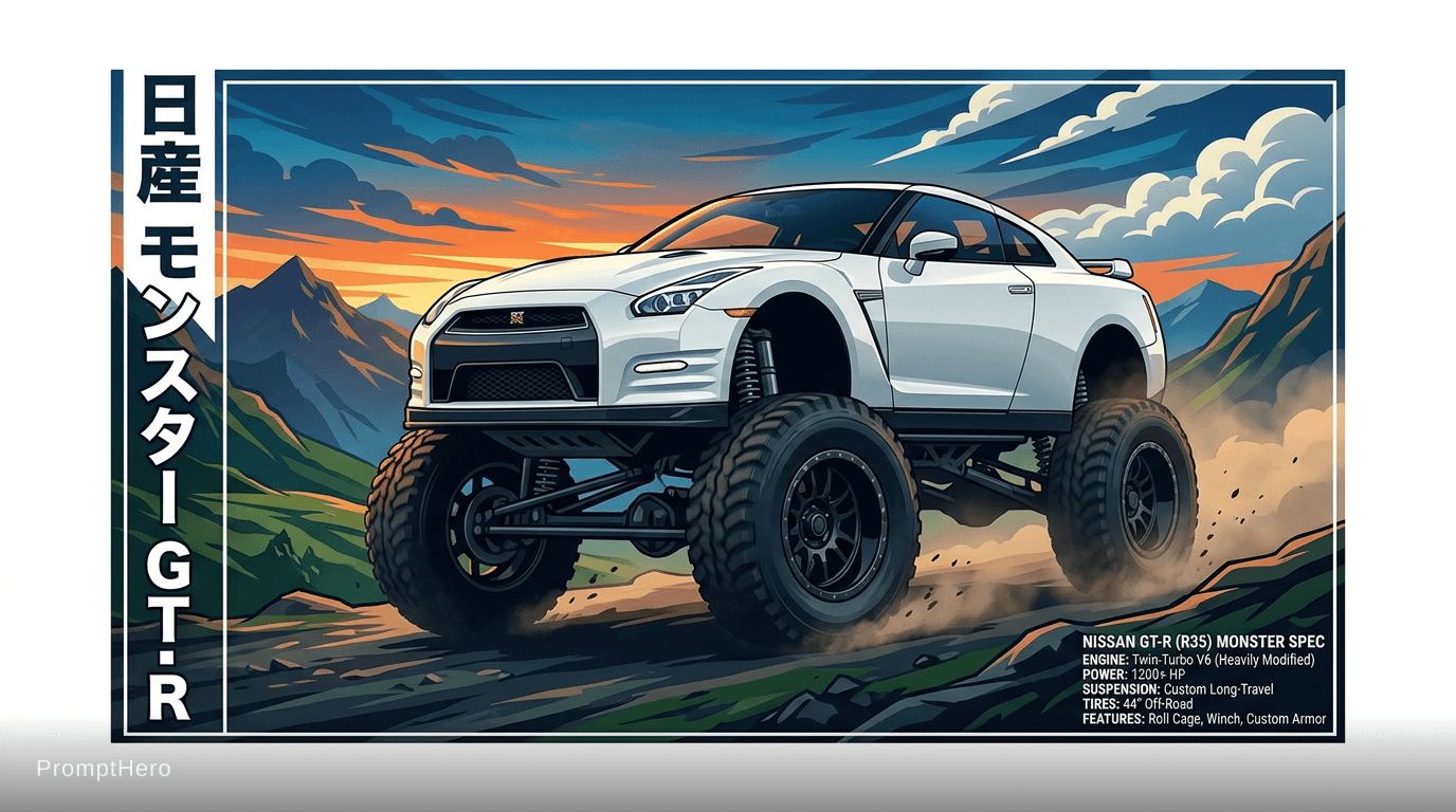 AI generated: Nissan monster car something written in japanese on left side and car details on right side bottom a...