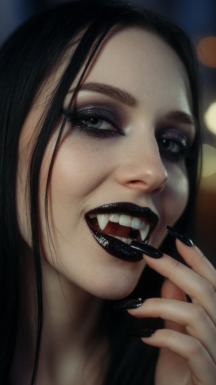 AI generated: Ultra-realistic close-up portrait photograph of a stunning pale-skinned young woman with sharp vampi...