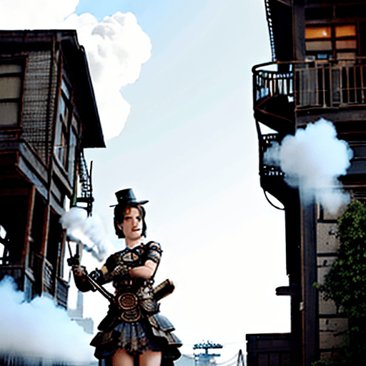 AI generated: Hyper realistic eye level exterior photo of a mid century  steam punk girl  with katana and dress ou...