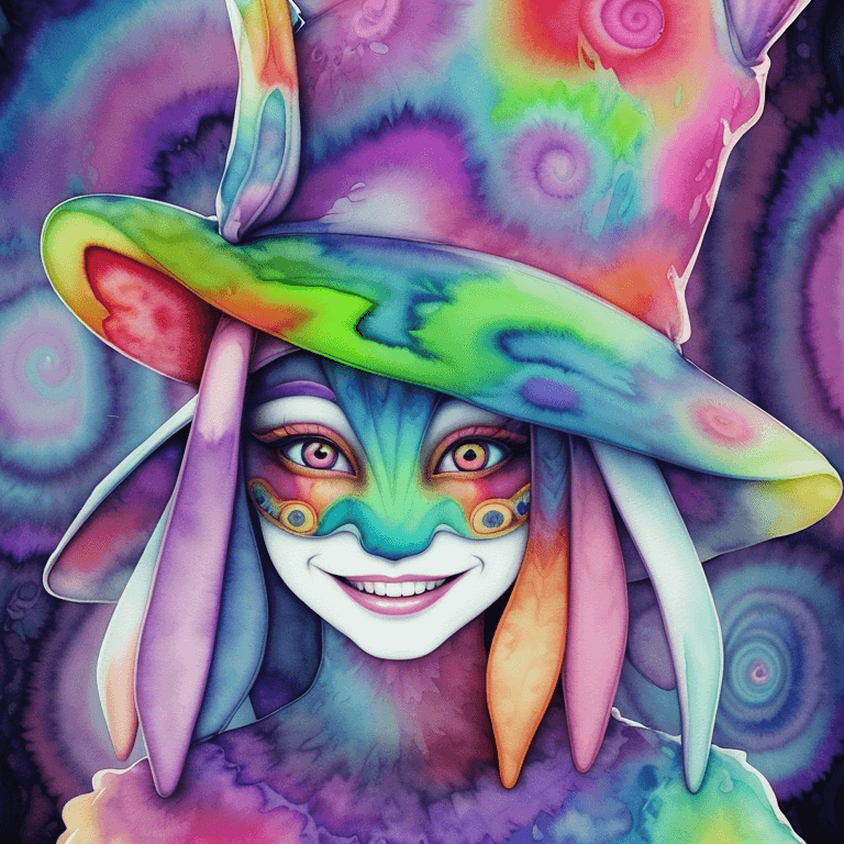 AI generated: Mistic rabbit face with hat in psychedelic mode,hat details, made entirely with professional waterco...