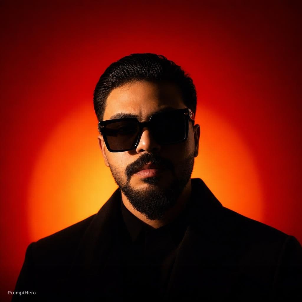 AI generated: A person with slicked-back dark hair wearing oversized square sunglasses is shown in a dramatic, cin...