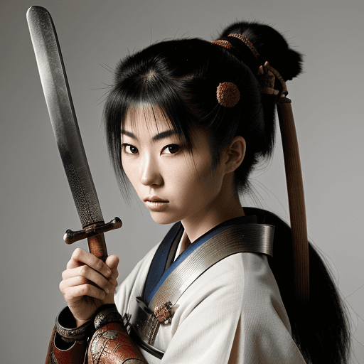 AI generated: japaness female samurai, with sword in her hand, complete acessories, detail 