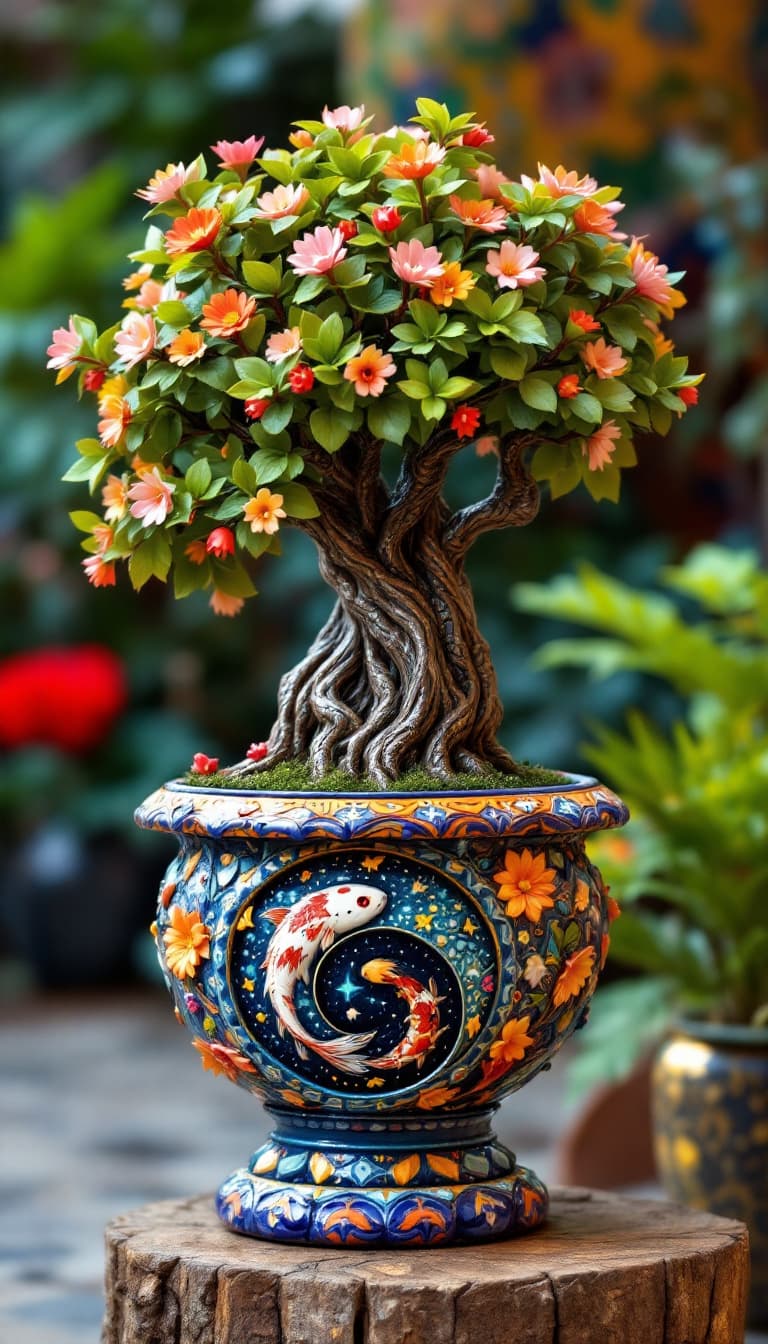 AI generated: 3D HDR Ceramic pottery planter box featuring on the side as a relief a magical whimsical fey tree wi...