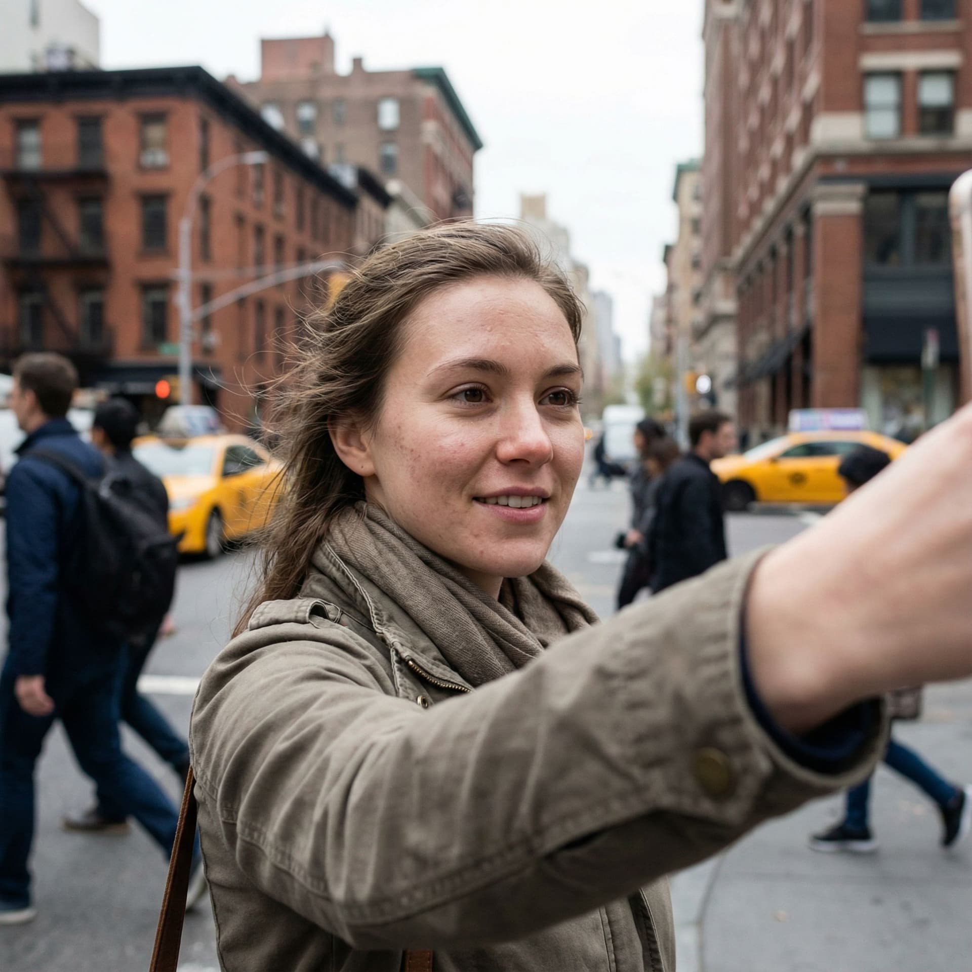 AI generated: A natural selfie of a girl walking in the middle of the city, soft daylight, iPhone-style photo, rea...