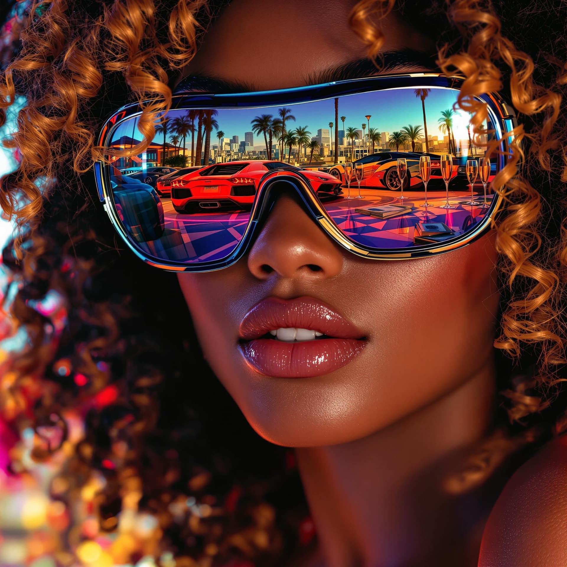 AI generated: a closeup of a beautiful african american woman with brown and blonde curly hair, she is smiling sly...