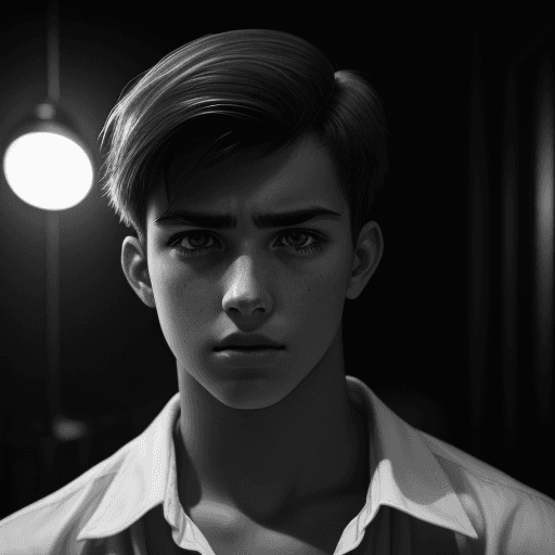 AI generated: "Young man with sad eyes, portrait filmed with a Leica camera, in black and white, cinematic quality...