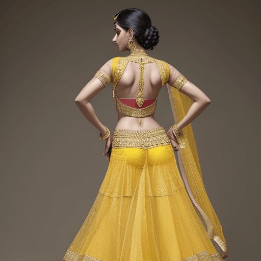 AI generated: a woman in a dazzling yellow ghagra and backless choli.