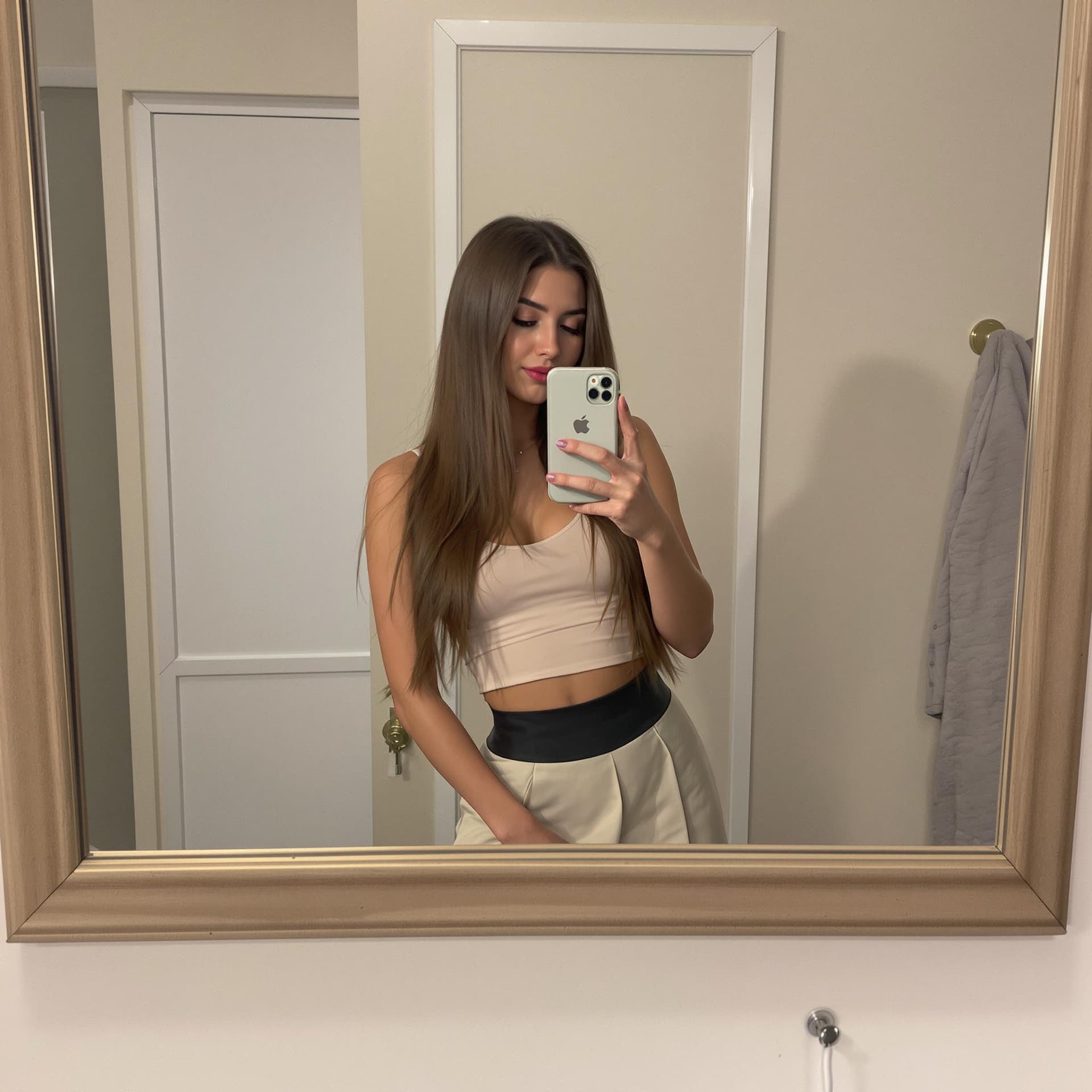 AI generated: the girl takes a photo with her phone of herself in the mirror, she has 24 years old, has straight b...