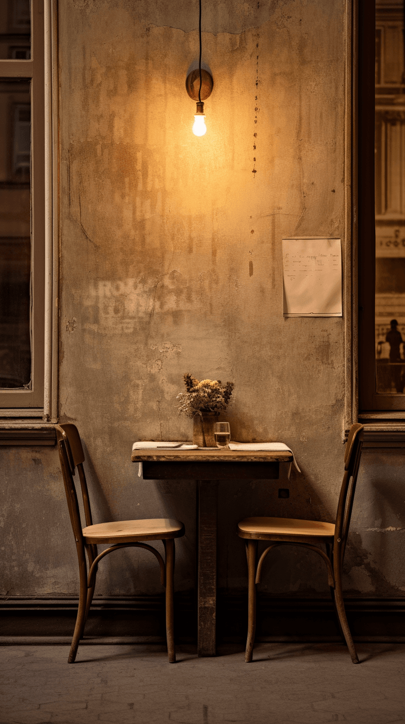 AI generated: A photo of an old restaurant table with two chairs, the wall is painted in a dark beige color and ha...