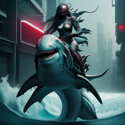 AI generated: mermaid riding a shark, red eyes, mask, cyberpunk, intricate artwork . octane render, trending on ar...