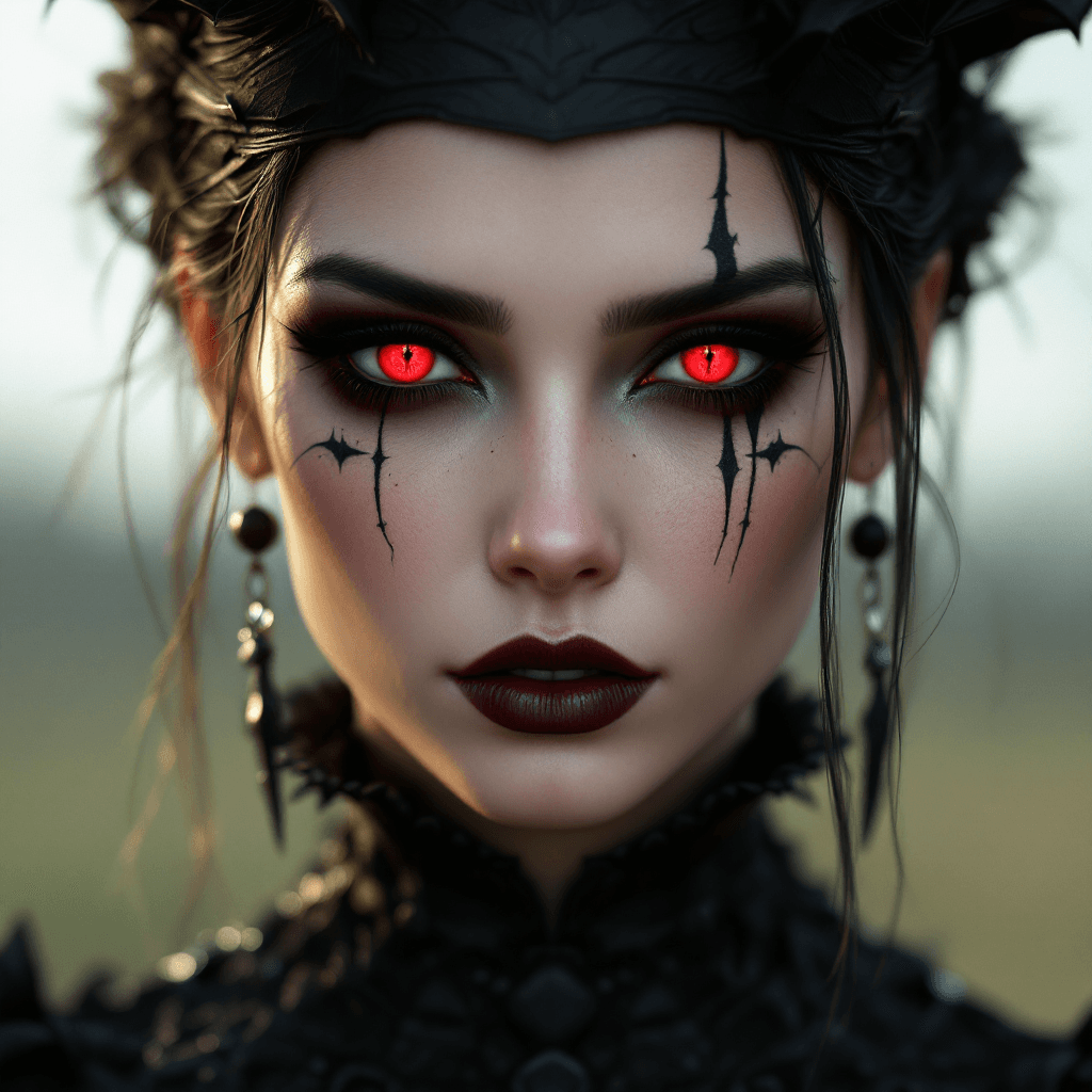 AI generated: a woman with red eyes, black goth makeup, in the style of realism with fantasy elements, daz3d, fine...