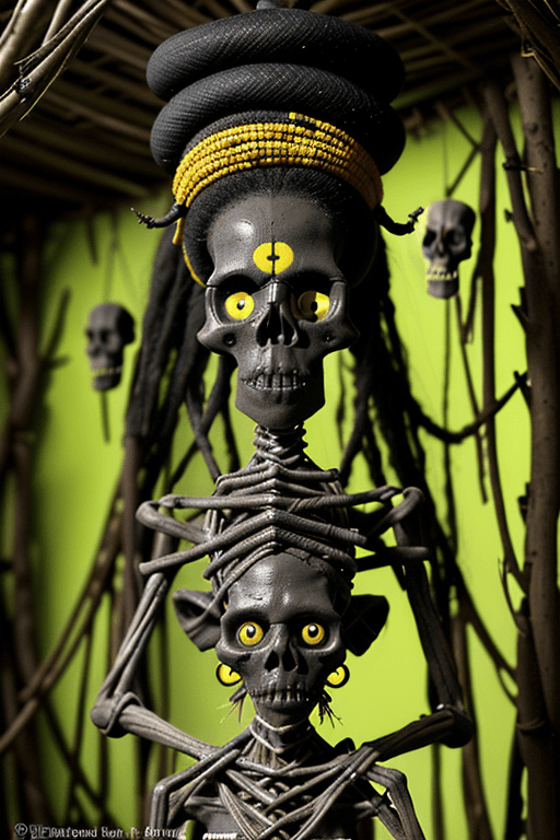 AI generated: A voodoo priest in the creepy hut, with dark complexion skin, yellow eyes, symmetrical features, cre...