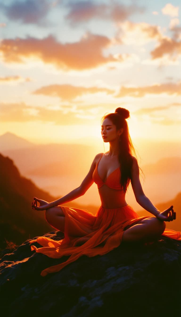 AI generated: At sunset, during golden hours, closeup photo of a Chinese queen doing yoga, sitting on top of a mou...