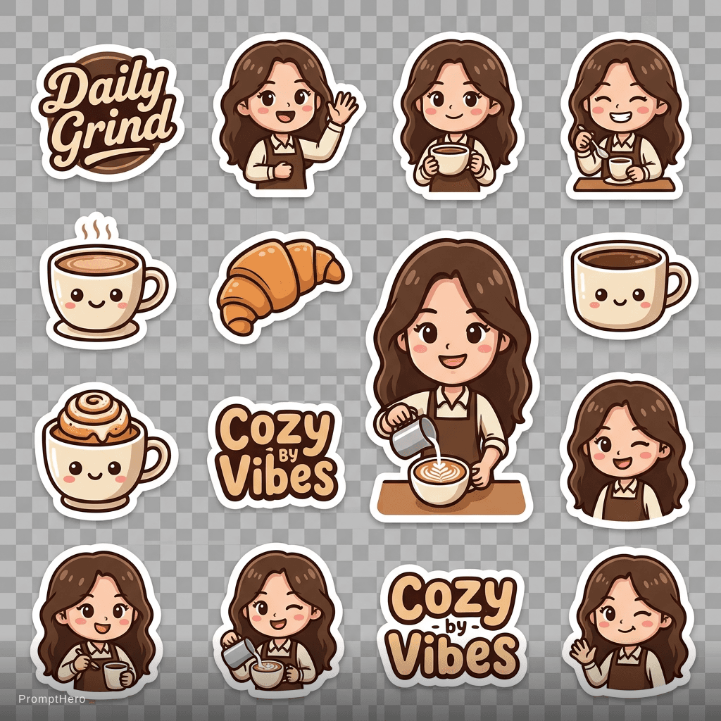 AI generated: coffee shop brand stickers, cute coffee cups, pastries, barista character, cozy vibes, brown and cre...