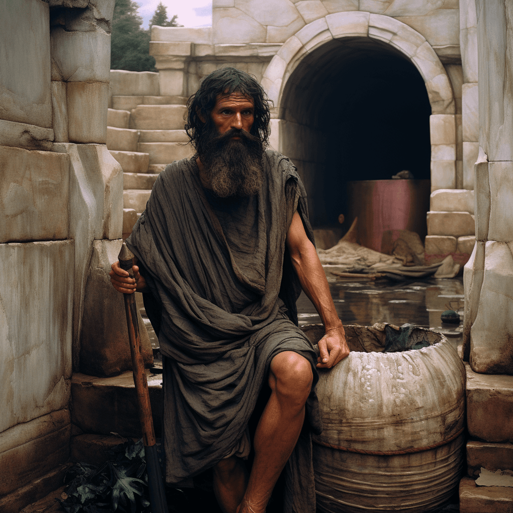AI generated: Diogenes of Sinope, by Edmund Blair Leighton, Brom, Charlie Bowater, faces by Tom Bagshaw, Sargent, ...
