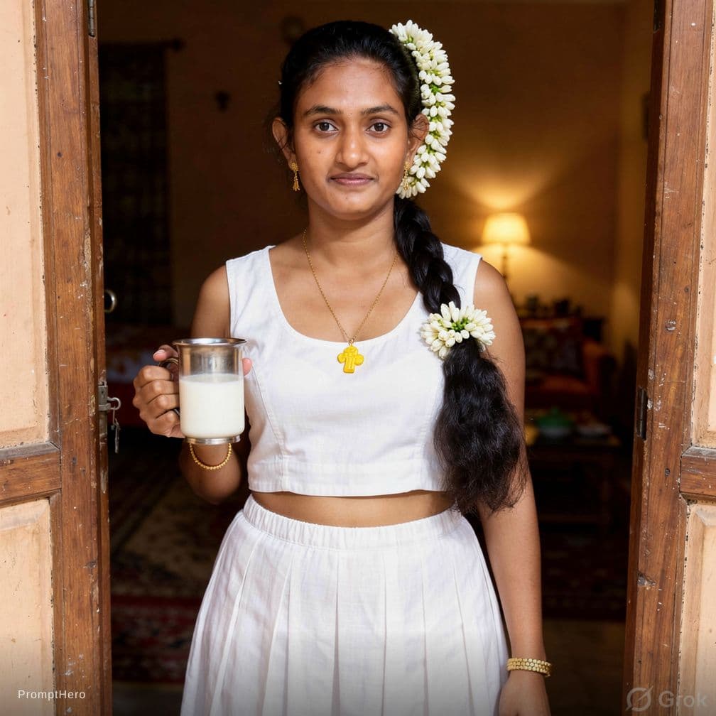 AI generated: She wears a white sleeveless bra and a white skirt, puts jasmine flowers on her head, takes milk in ...