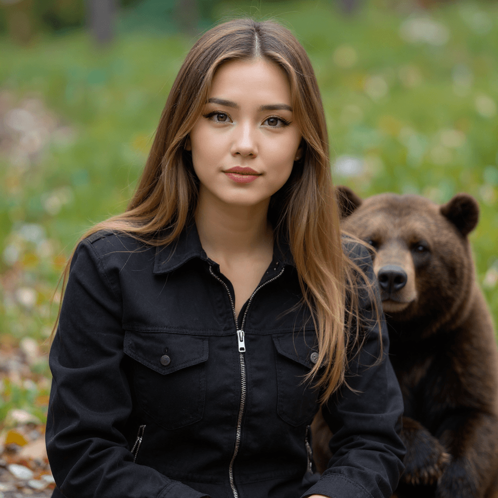 AI generated: generate a viral image of a woman seat near bear by using the image as an attachment and jacket blac...
