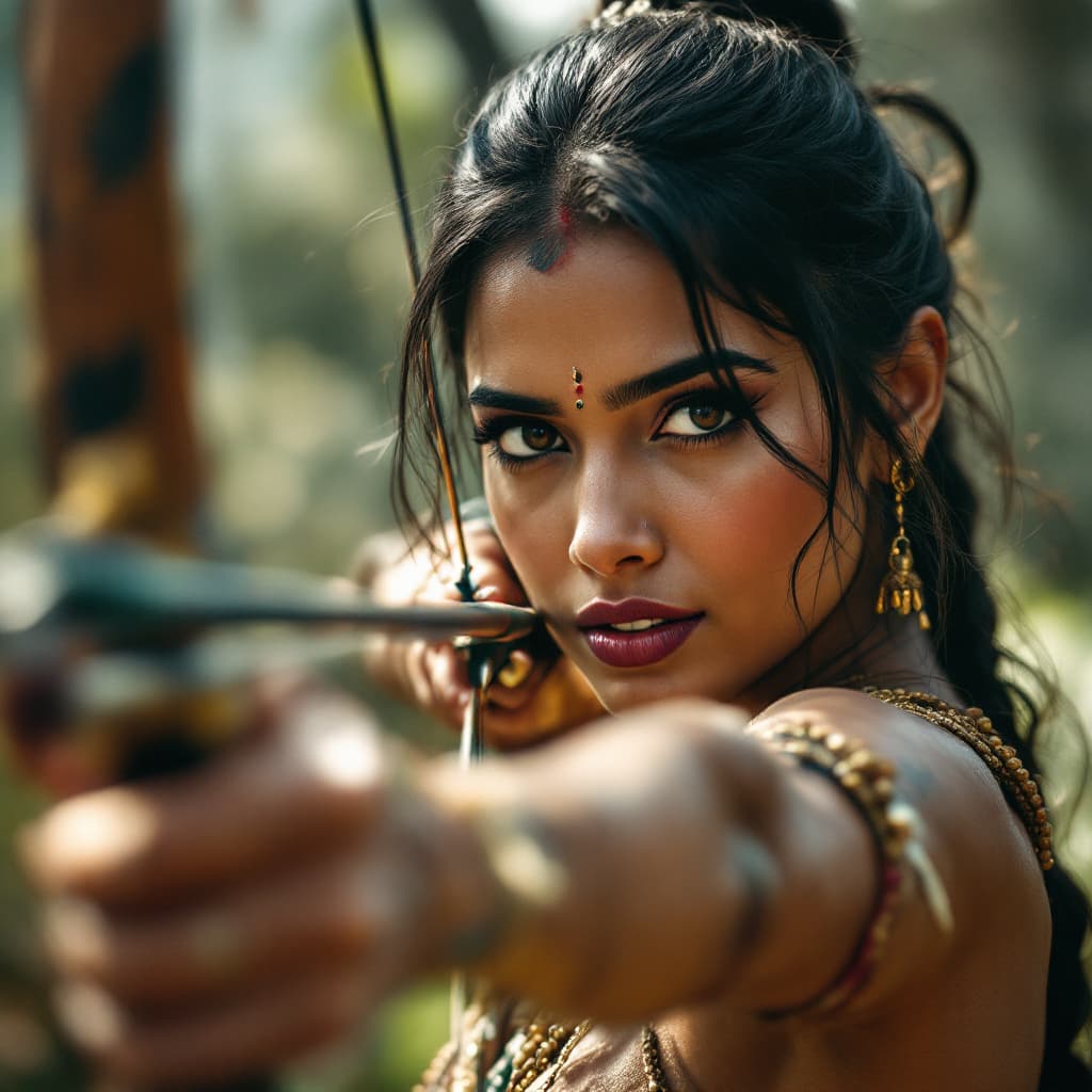 AI generated: Real Photo, close-up shot of an Indian woman holding bow and arrow ready to shot, action scene