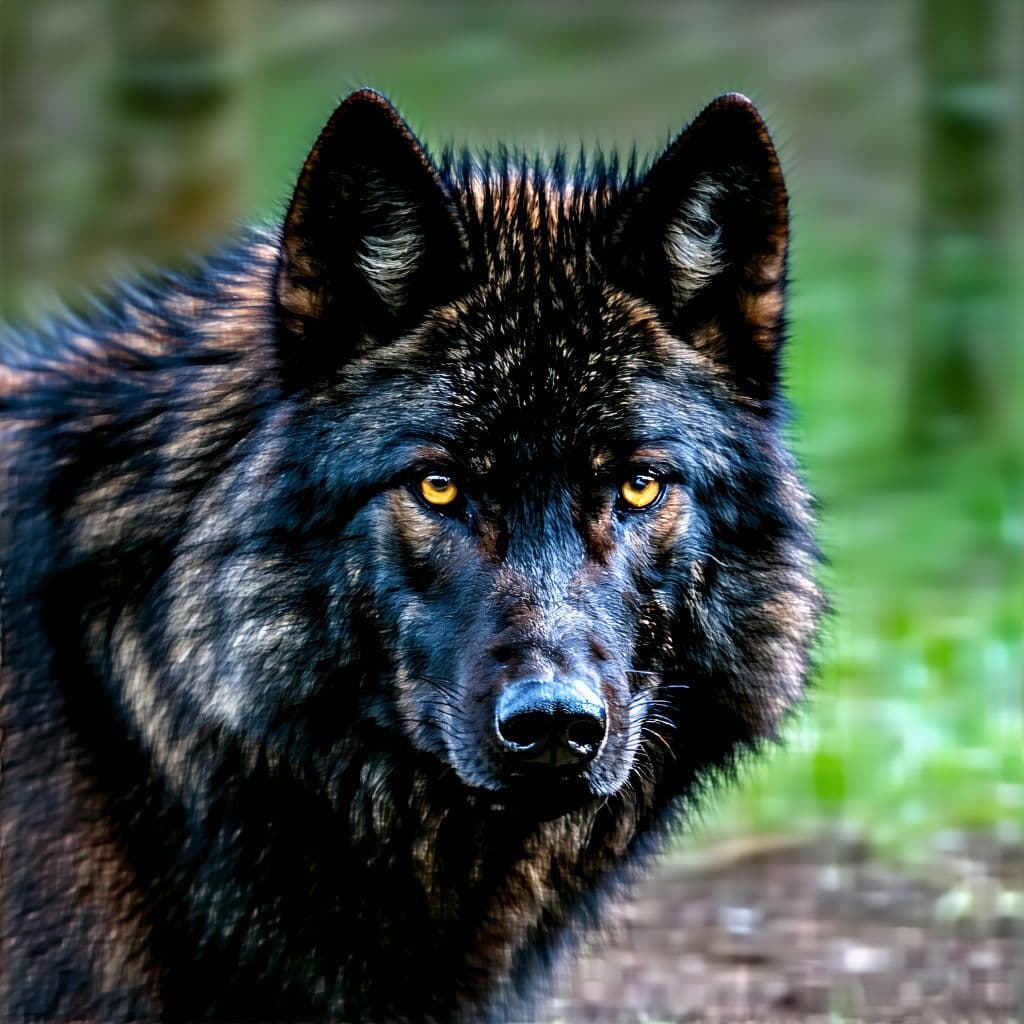 AI generated: High resolution photography of a black wolf with the focused stare