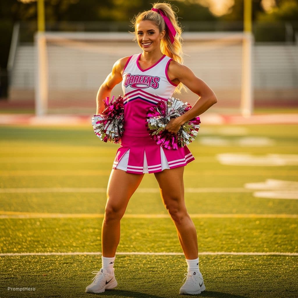 AI generated: topless blonde cheerleader large soft breasts pink pleated mini skit