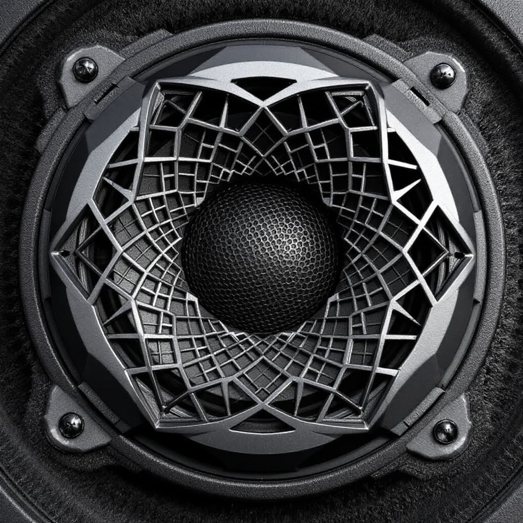 AI generated: A 2-inch circular speaker cover with a unique and intricate grill design. The grill pattern should b...